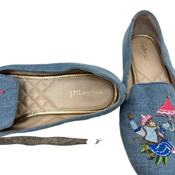 J McLaughlin Jax embroidered denim flats Monkey with umbrella size 8.5 - Picture 5 of 7